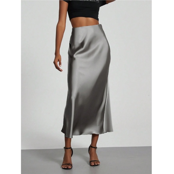 Grey Satin A-Line Skirt High Waisted Long - Picture 1 of 9